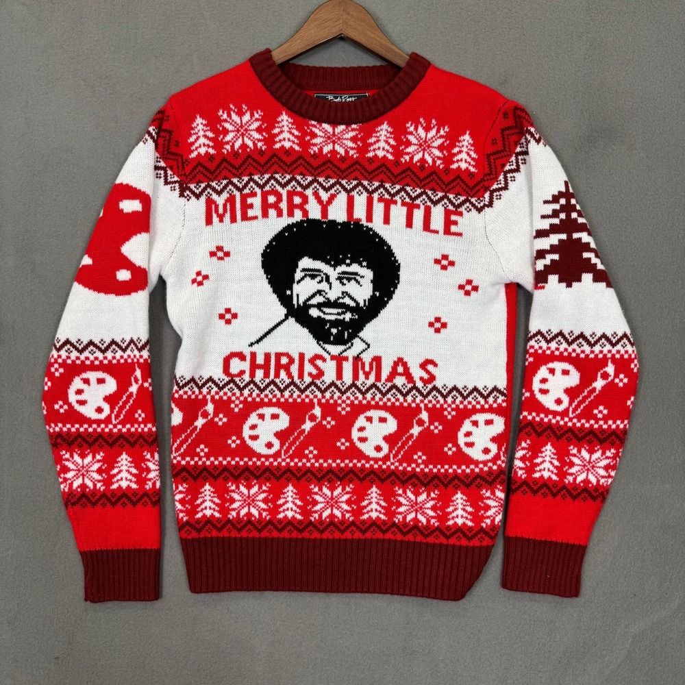 Bob Ross Sweater Men M Red Merry Little Christmas Fair Isle Holiday Graphic